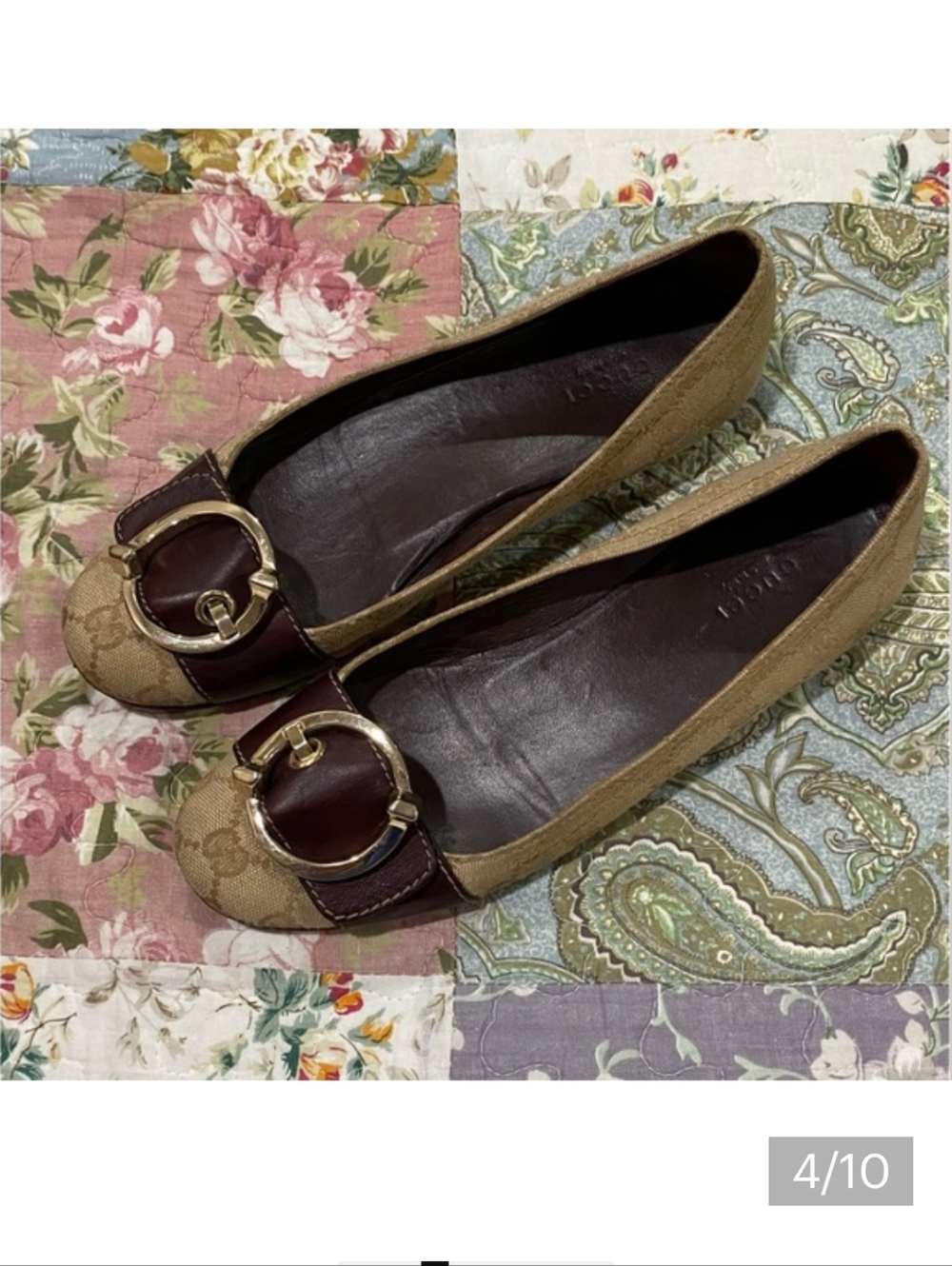 Gucci Ballet Ballerina Flats Canvas Logo Buckle Shoes Sz 8